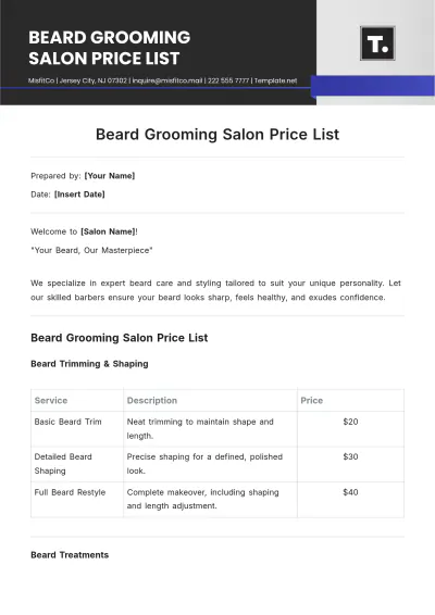 Free Beard Grooming Salon Price List Template to Edit Online