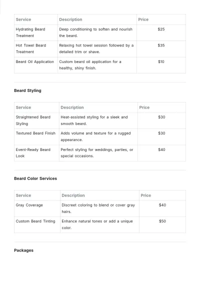 Free Beard Grooming Salon Price List Template to Edit Online