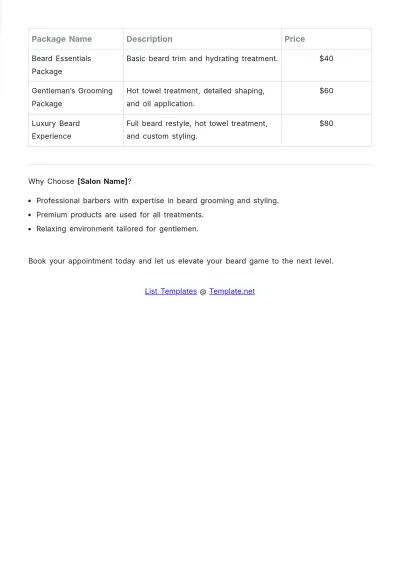 Free Beard Grooming Salon Price List Template to Edit Online