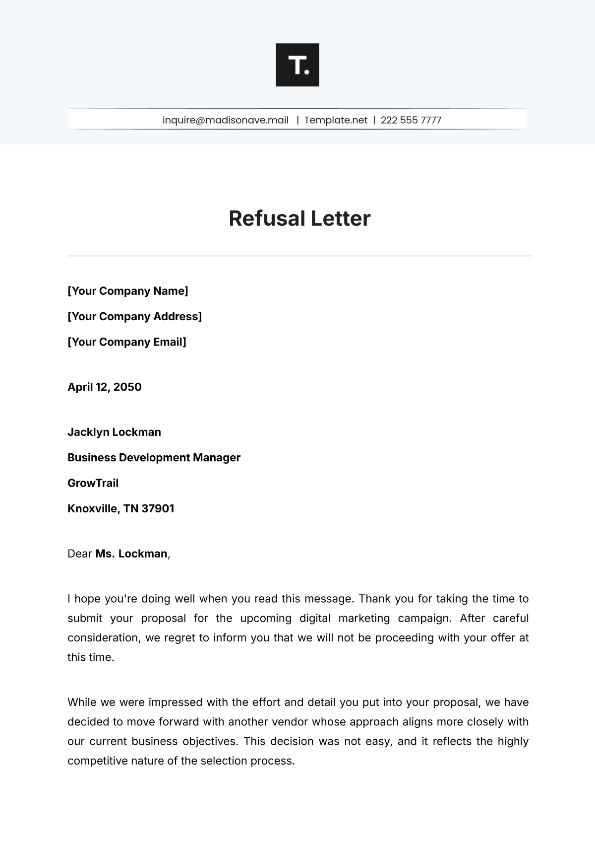 Refusal Letter Template - Edit Online & Download