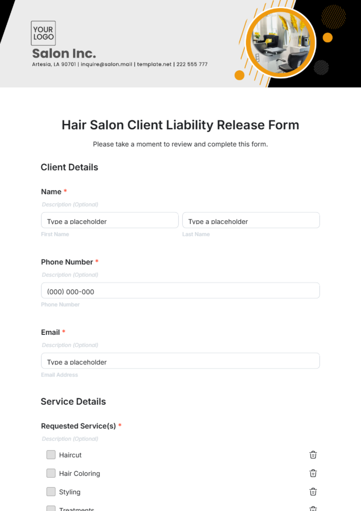 Hair Salon Client Liability Release Form Template - Edit Online & Download