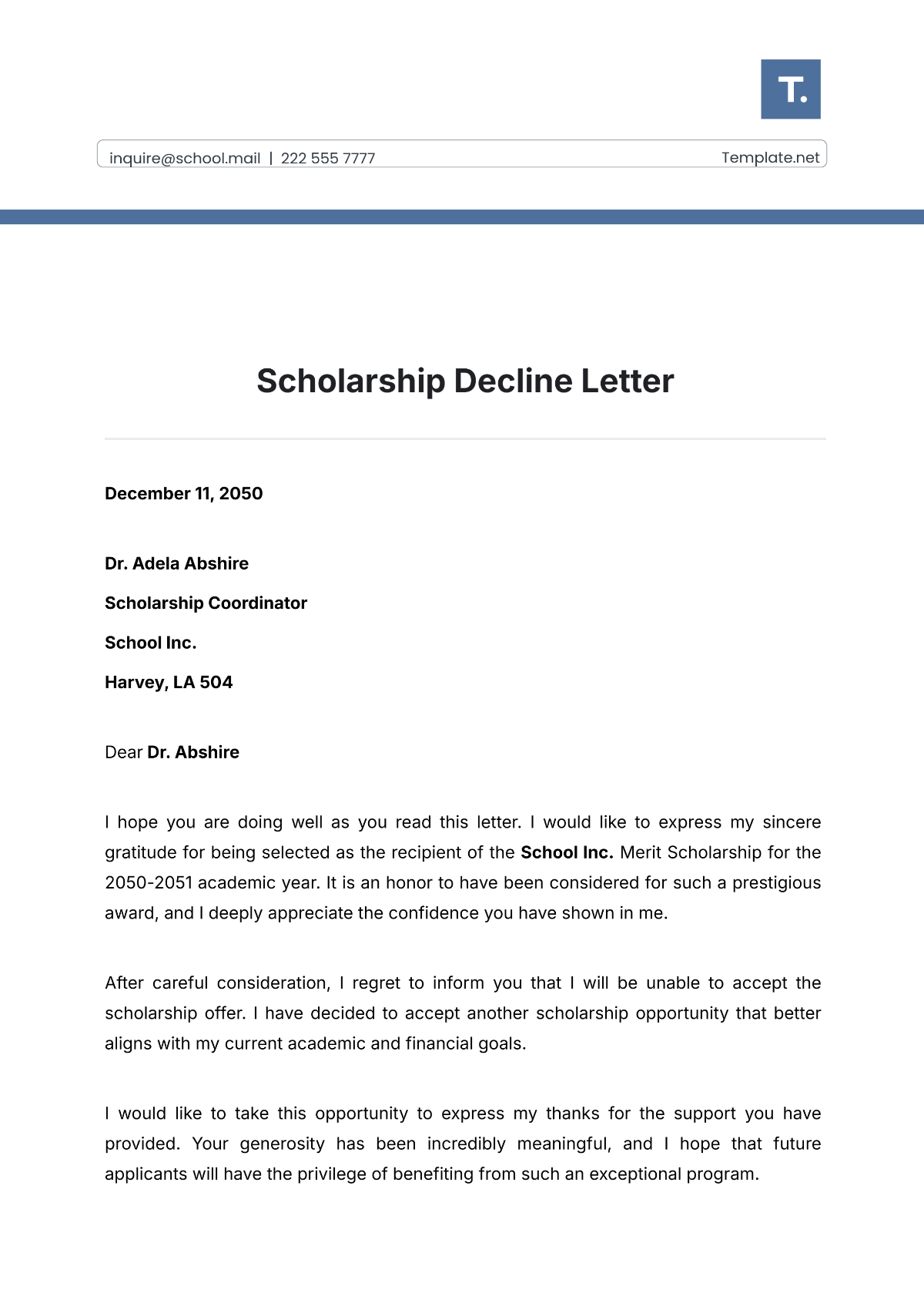 Scholarship Decline Letter Template - Edit Online & Download