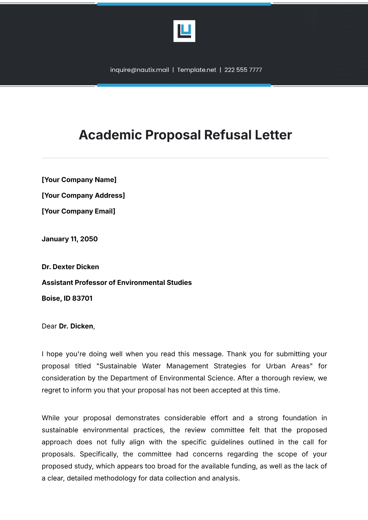 Academic Proposal Refusal Letter Template - Edit Online & Download