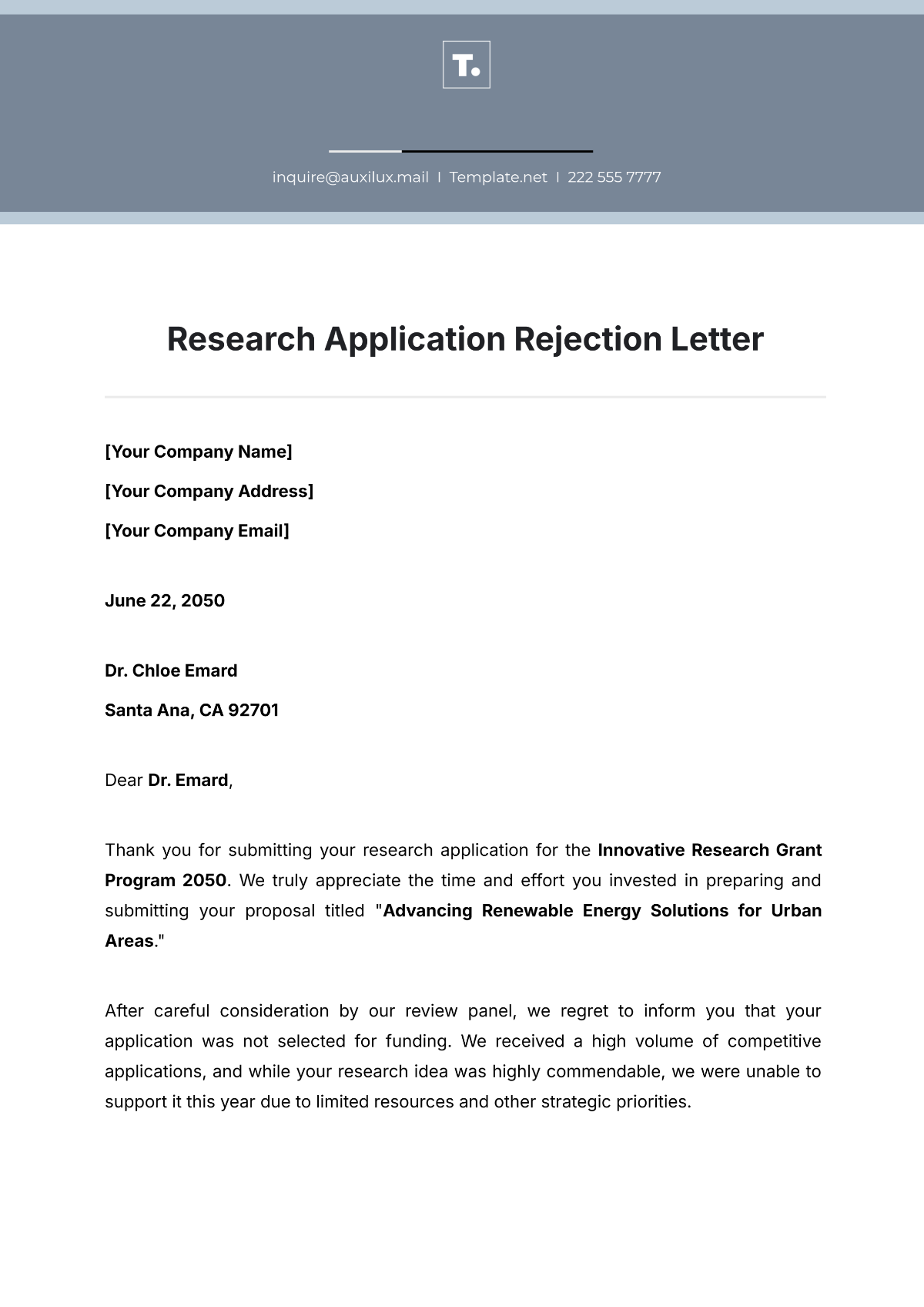 Research Application Rejection Letter Template - Edit Online & Download