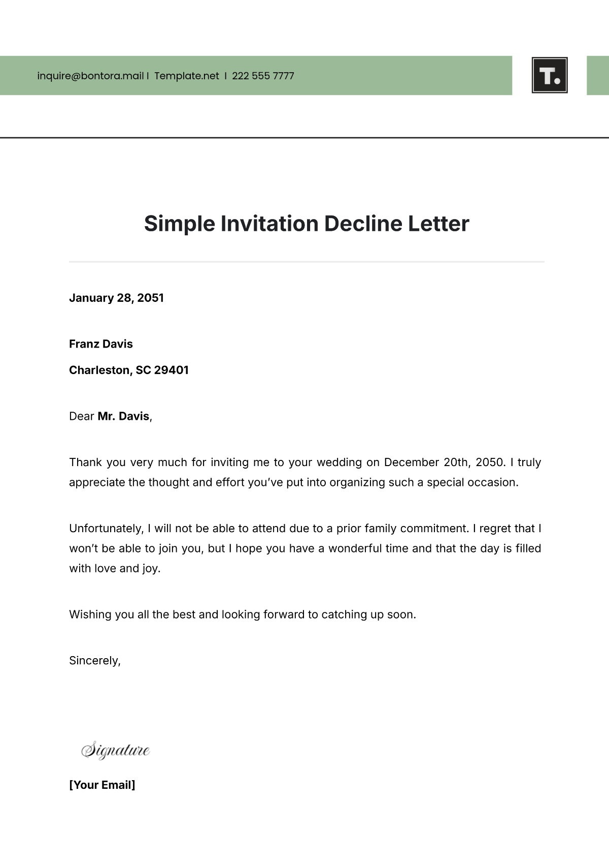 Simple Invitation Decline Letter Template - Edit Online & Download