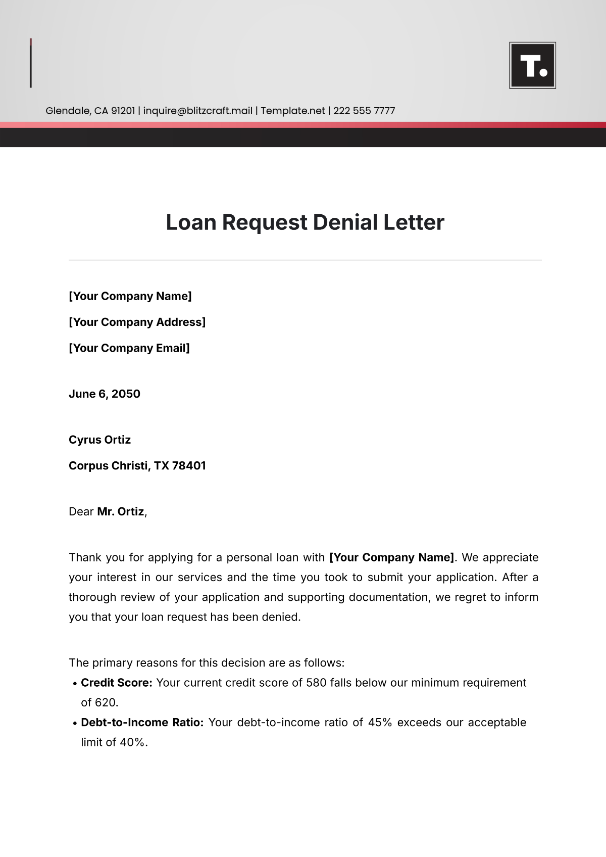 Loan Request Denial Letter Template - Edit Online & Download