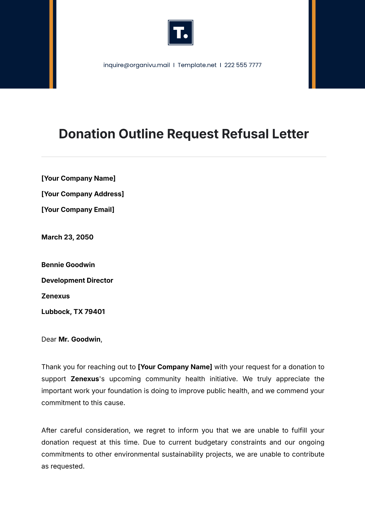 Donation Outline Request Refusal Letter Template - Edit Online & Download