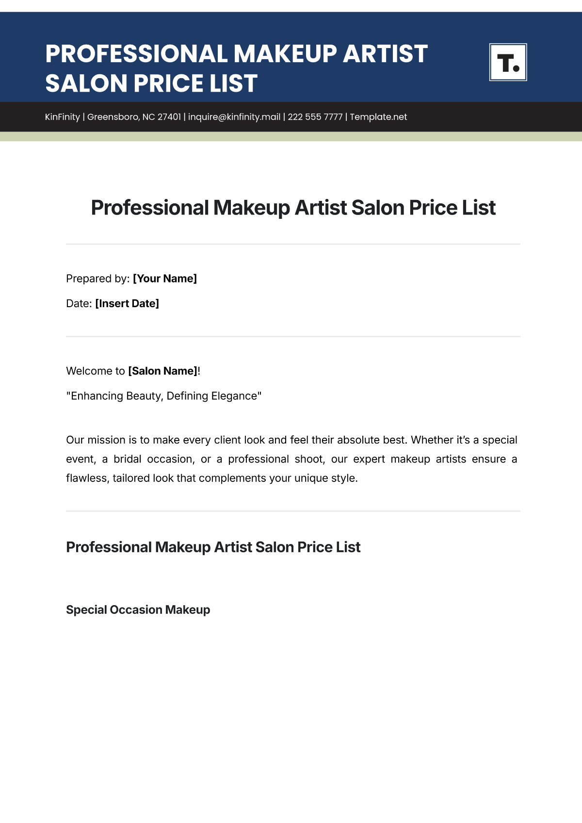 Professional Makeup Artist Salon Price List Template - Edit Online & Download