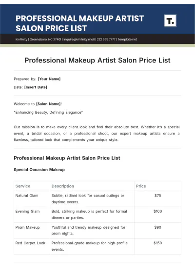 Free Professional Makeup Artist Salon Price List Template to Edit Online