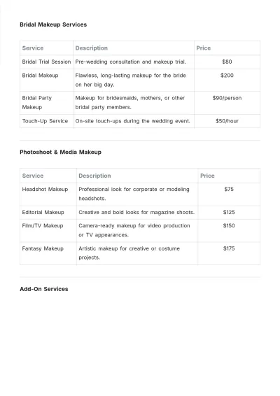 Free Professional Makeup Artist Salon Price List Template to Edit Online