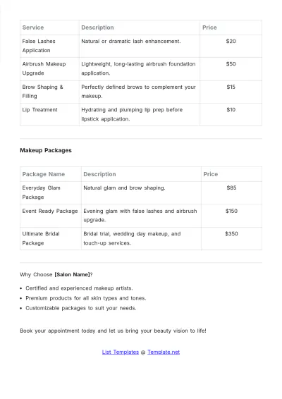 Free Professional Makeup Artist Salon Price List Template to Edit Online