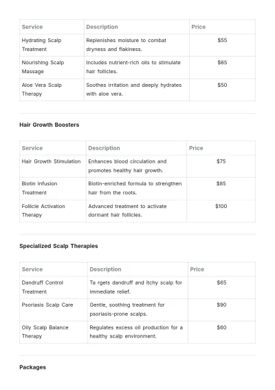 Free Scalp Treatment Salon Price List Template to Edit Online