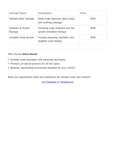 Free Scalp Treatment Salon Price List Template to Edit Online
