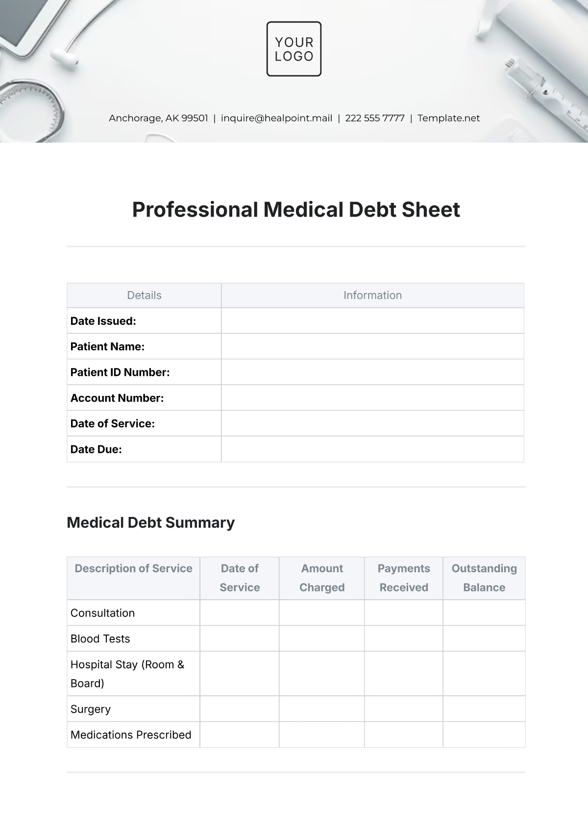 Professional Medical Debt Sheet Template - Edit Online & Download