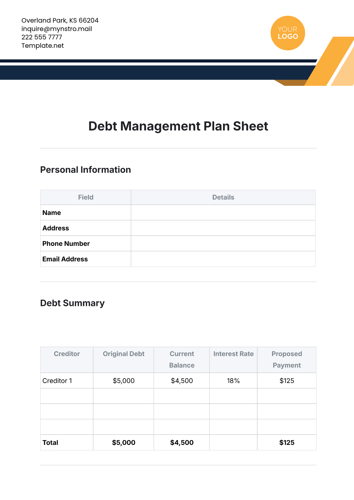 Debt Management Plan Sheet Template - Edit Online & Download