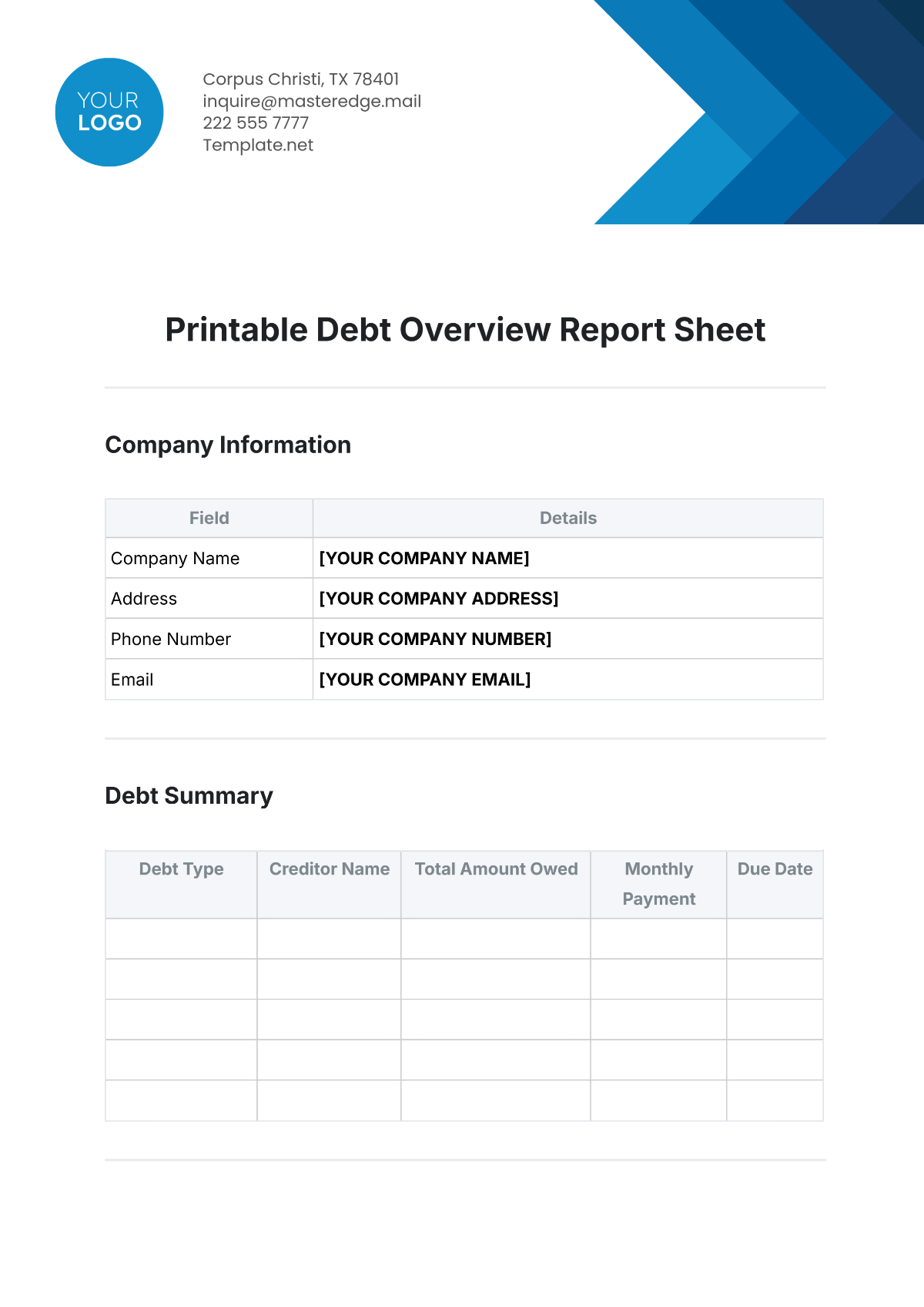 Printable Debt Overview Report Sheet Template - Edit Online & Download