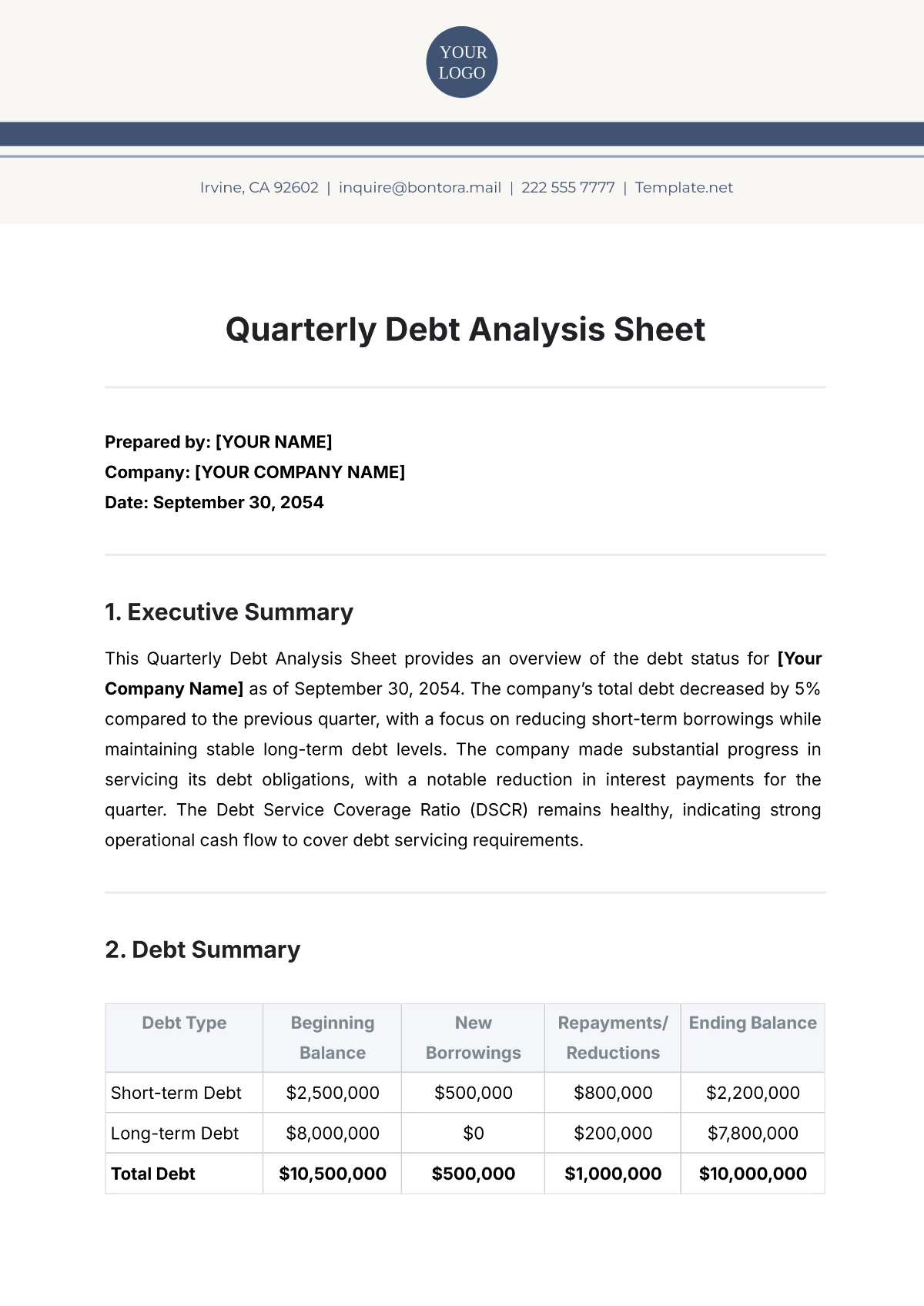 Quarterly Debt Analysis Sheet Template - Edit Online & Download