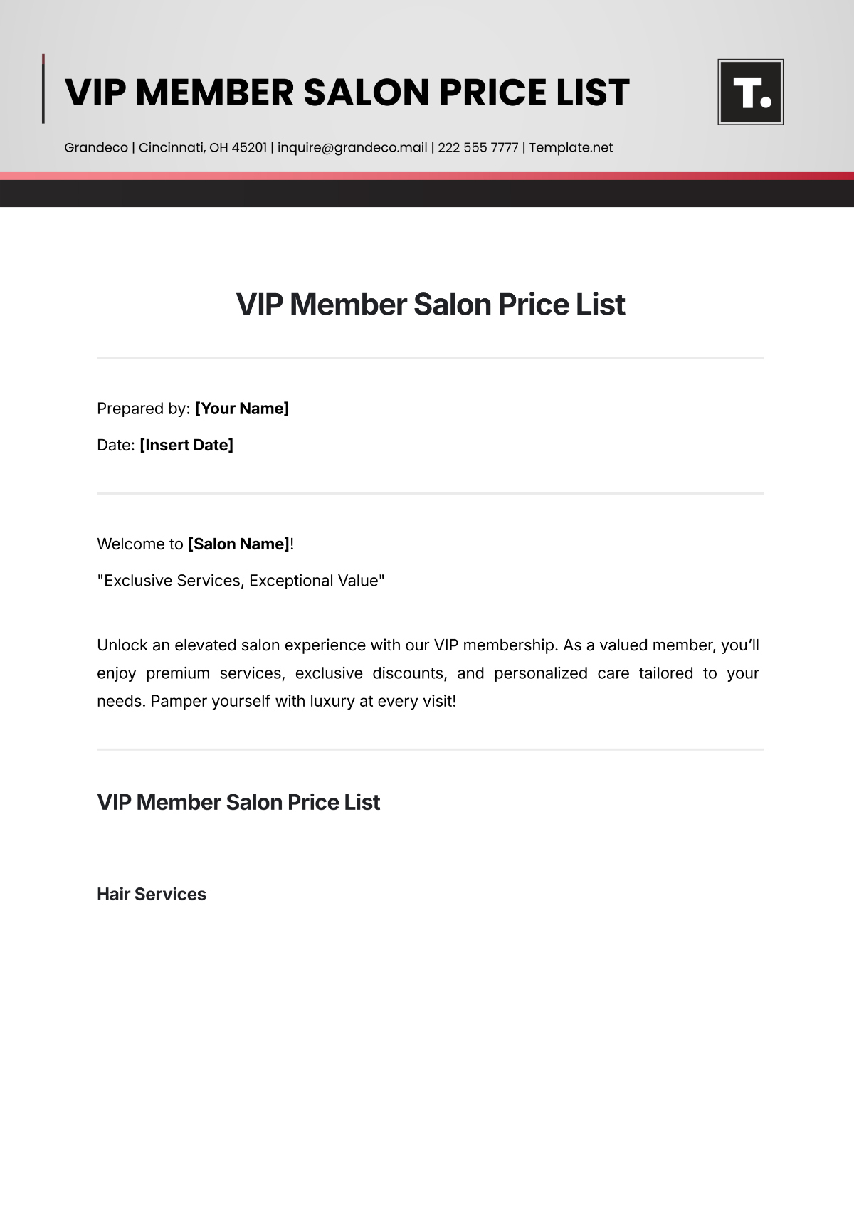 Free VIP Member Salon Price List Template to Edit Online