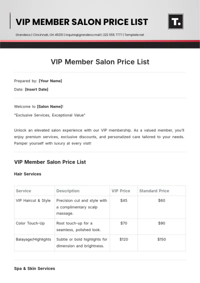 Free VIP Member Salon Price List Template to Edit Online