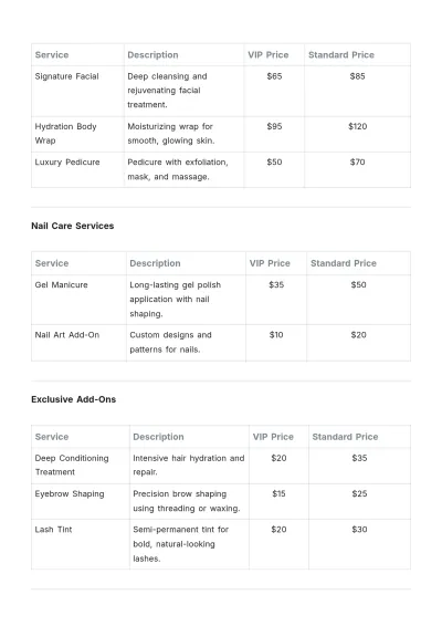 Free VIP Member Salon Price List Template to Edit Online