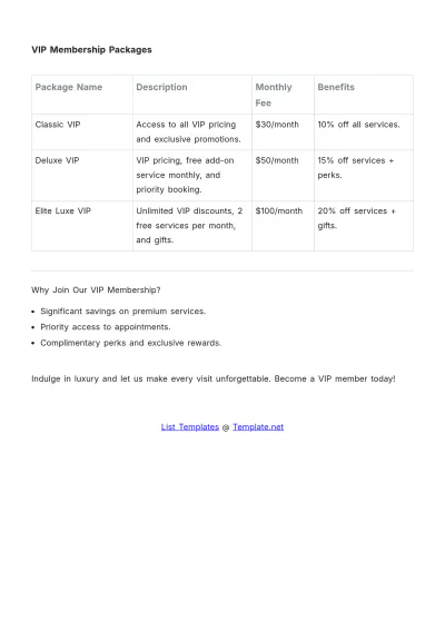 Free VIP Member Salon Price List Template to Edit Online
