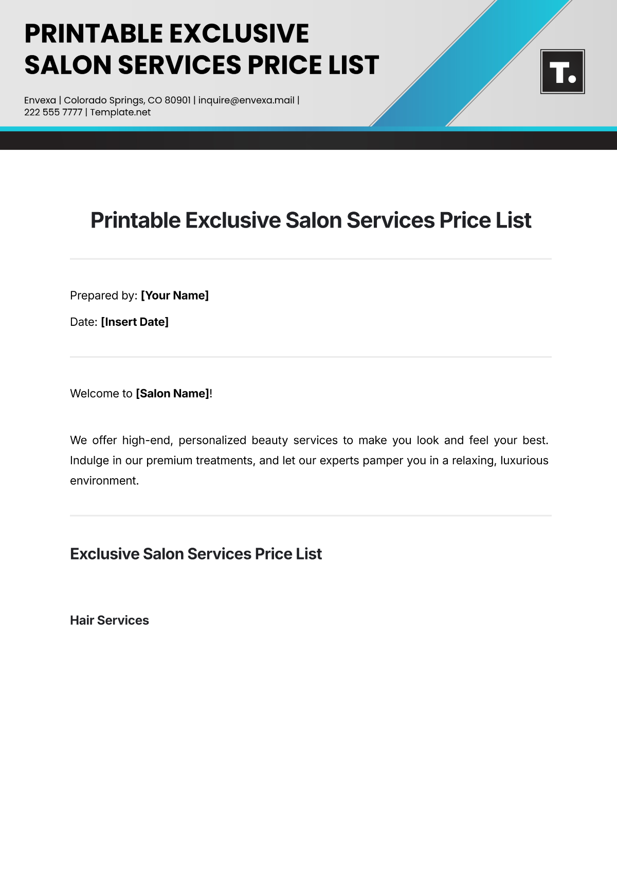 Printable Exclusive Salon Services Price List Template - Edit Online & Download