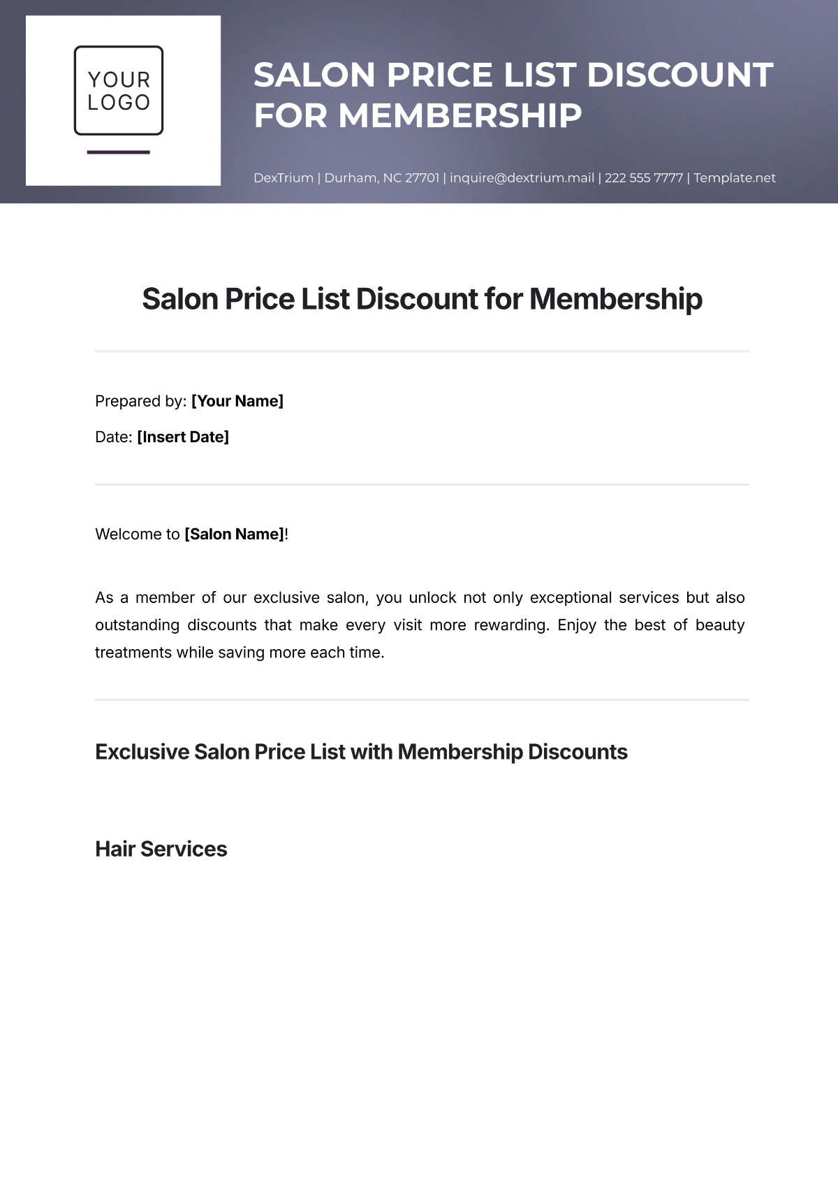 Salon Price List Discount for Membership Template - Edit Online & Download