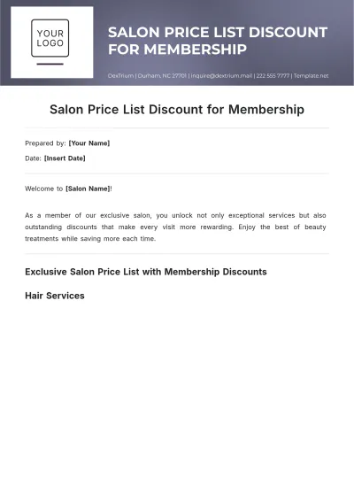Free Salon Price List Discount for Membership Template to Edit Online