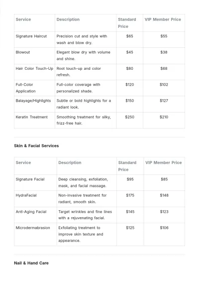Free Salon Price List Discount for Membership Template to Edit Online