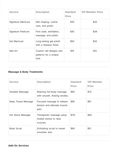 Free Salon Price List Discount for Membership Template to Edit Online
