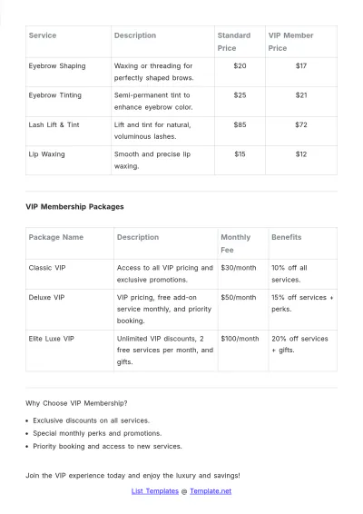 Free Salon Price List Discount for Membership Template to Edit Online