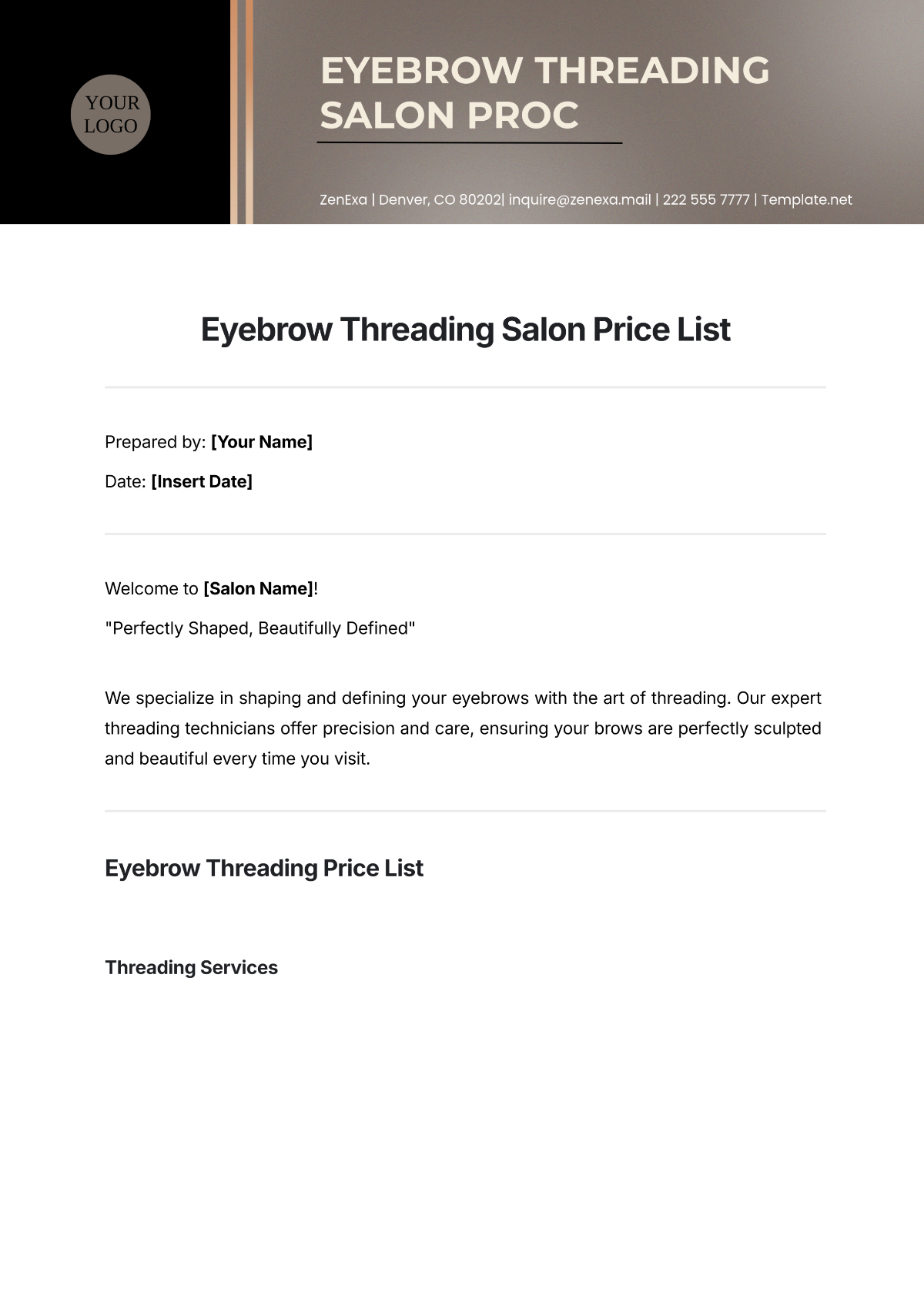 Eyebrow Threading Salon Price List Template - Edit Online & Download