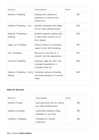 Free Eyebrow Threading Salon Price List Template to Edit Online
