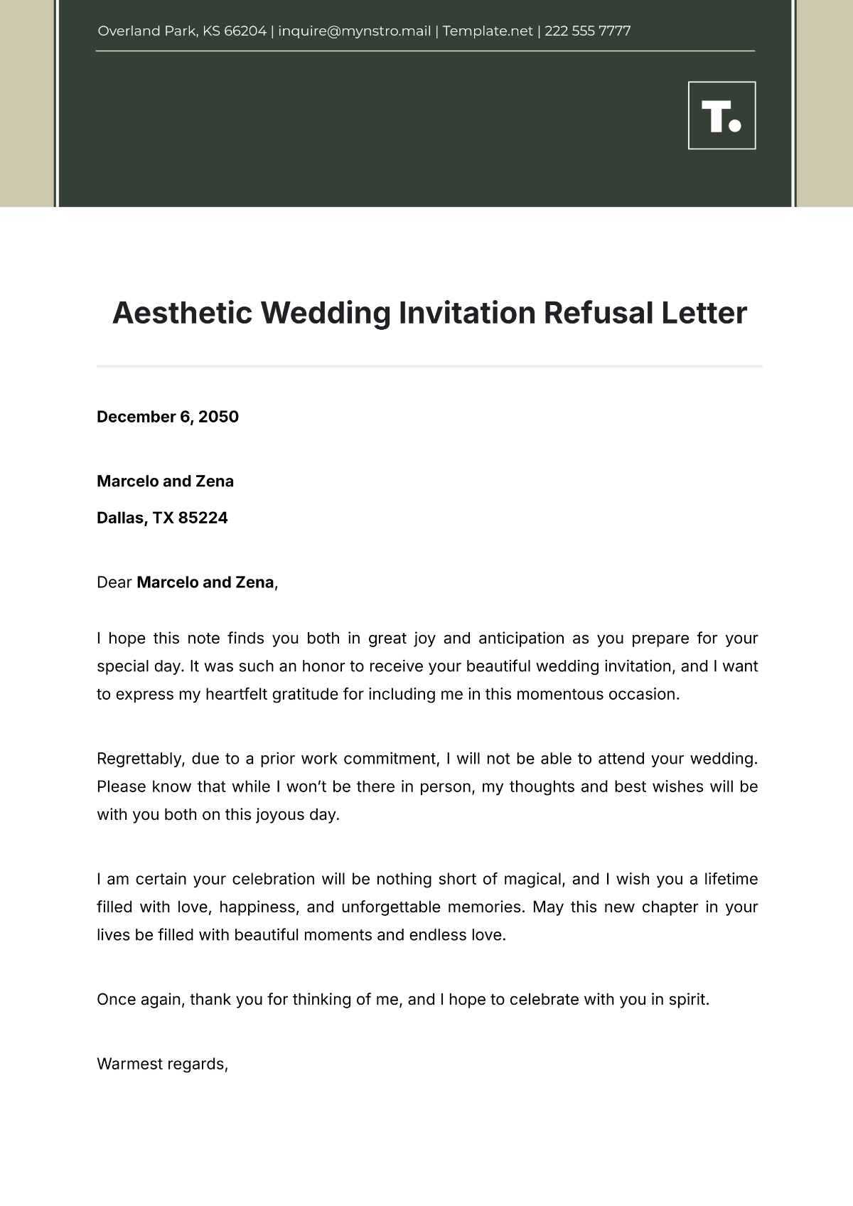 Aesthetic Wedding Invitation Refusal Letter Template - Edit Online & Download