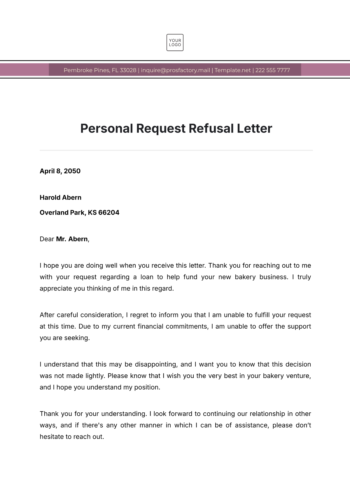 Personal Request Refusal Letter Template - Edit Online & Download