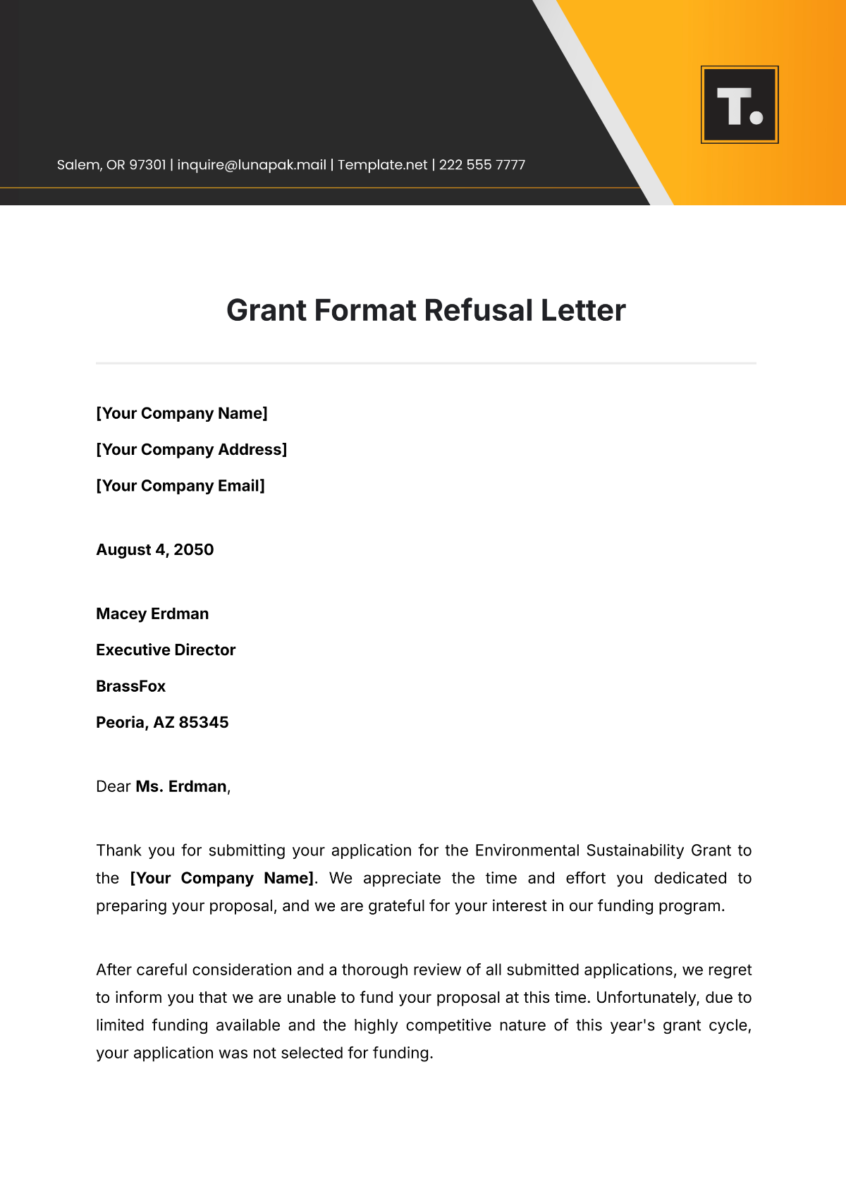 Grant Format Refusal Letter Template - Edit Online & Download