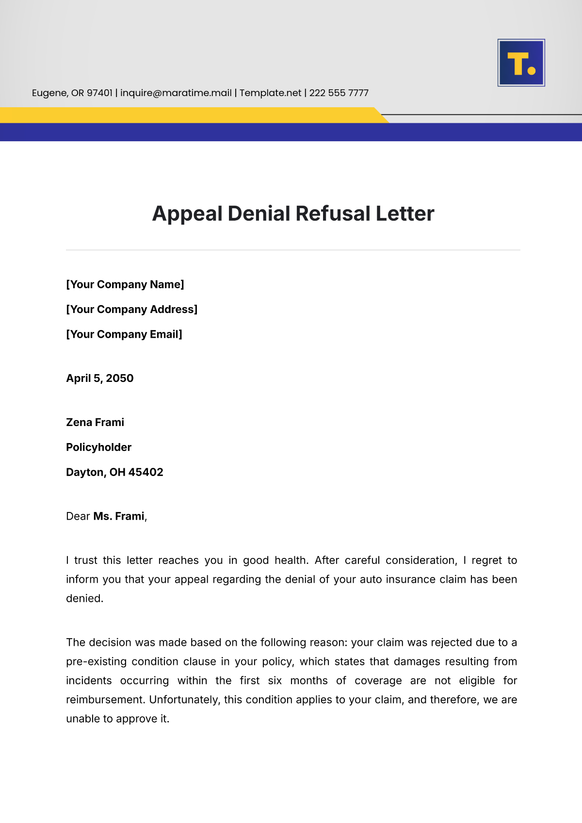 Appeal Denial Refusal Letter Template - Edit Online & Download