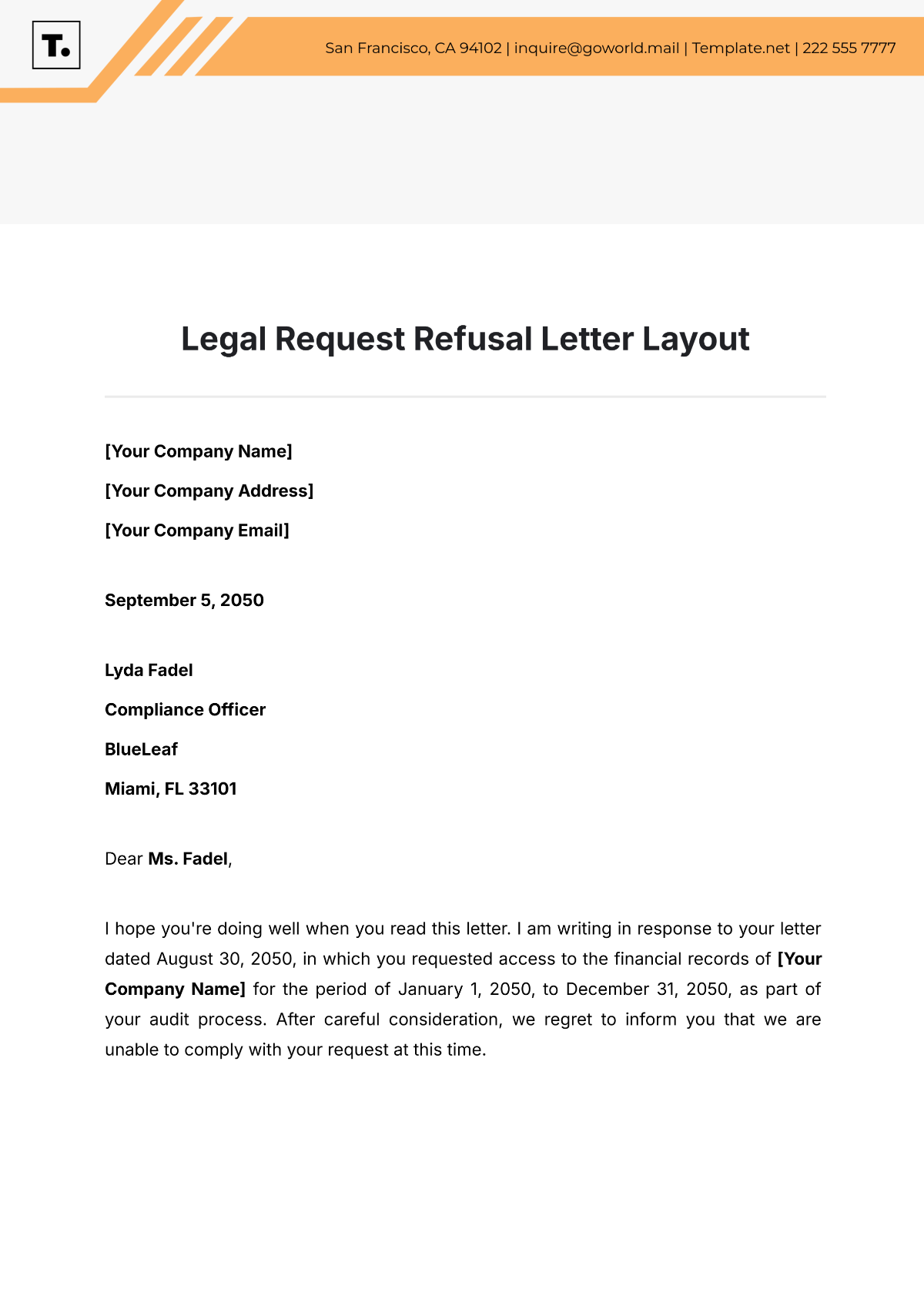 Legal Request Refusal Letter Layout Template - Edit Online & Download