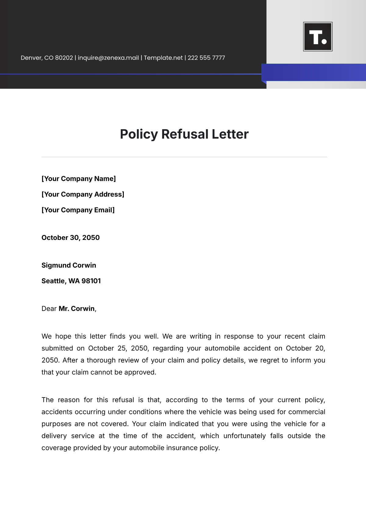 Policy Refusal Letter Template - Edit Online & Download