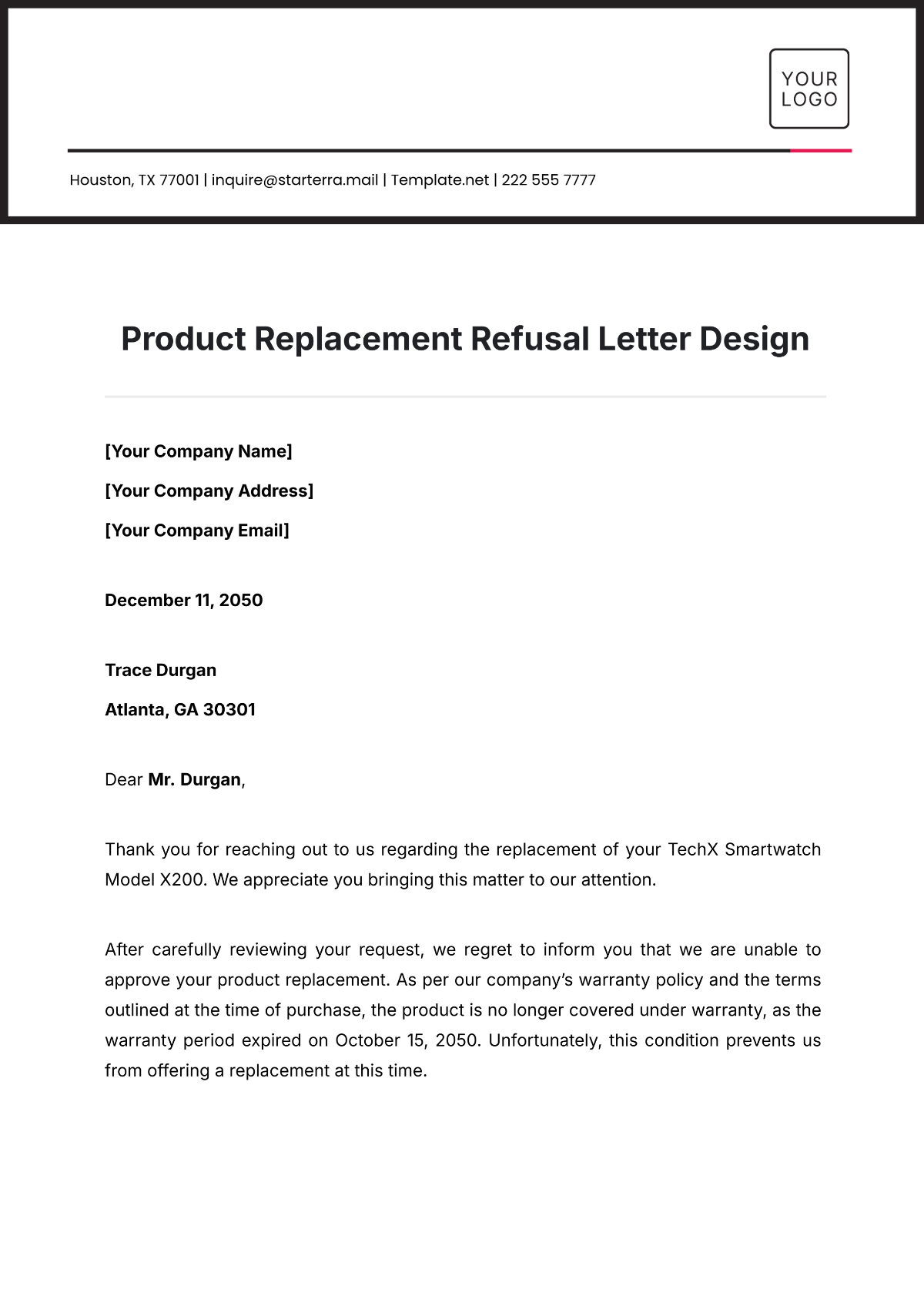 Product Replacement Refusal Letter Design Template - Edit Online & Download