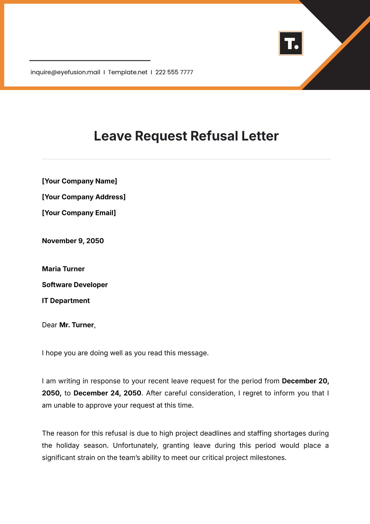 Leave Request Refusal Letter Template - Edit Online & Download