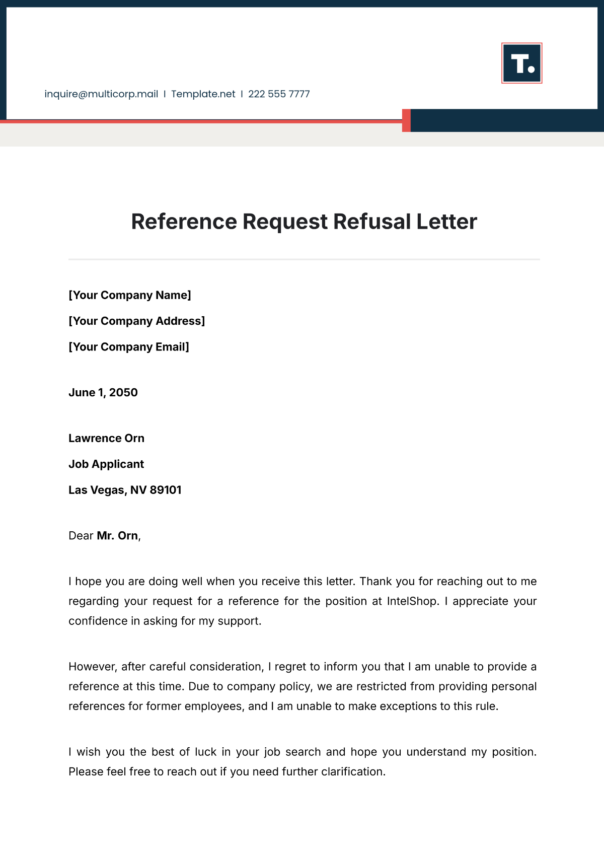 Reference Request Refusal Letter Template - Edit Online & Download