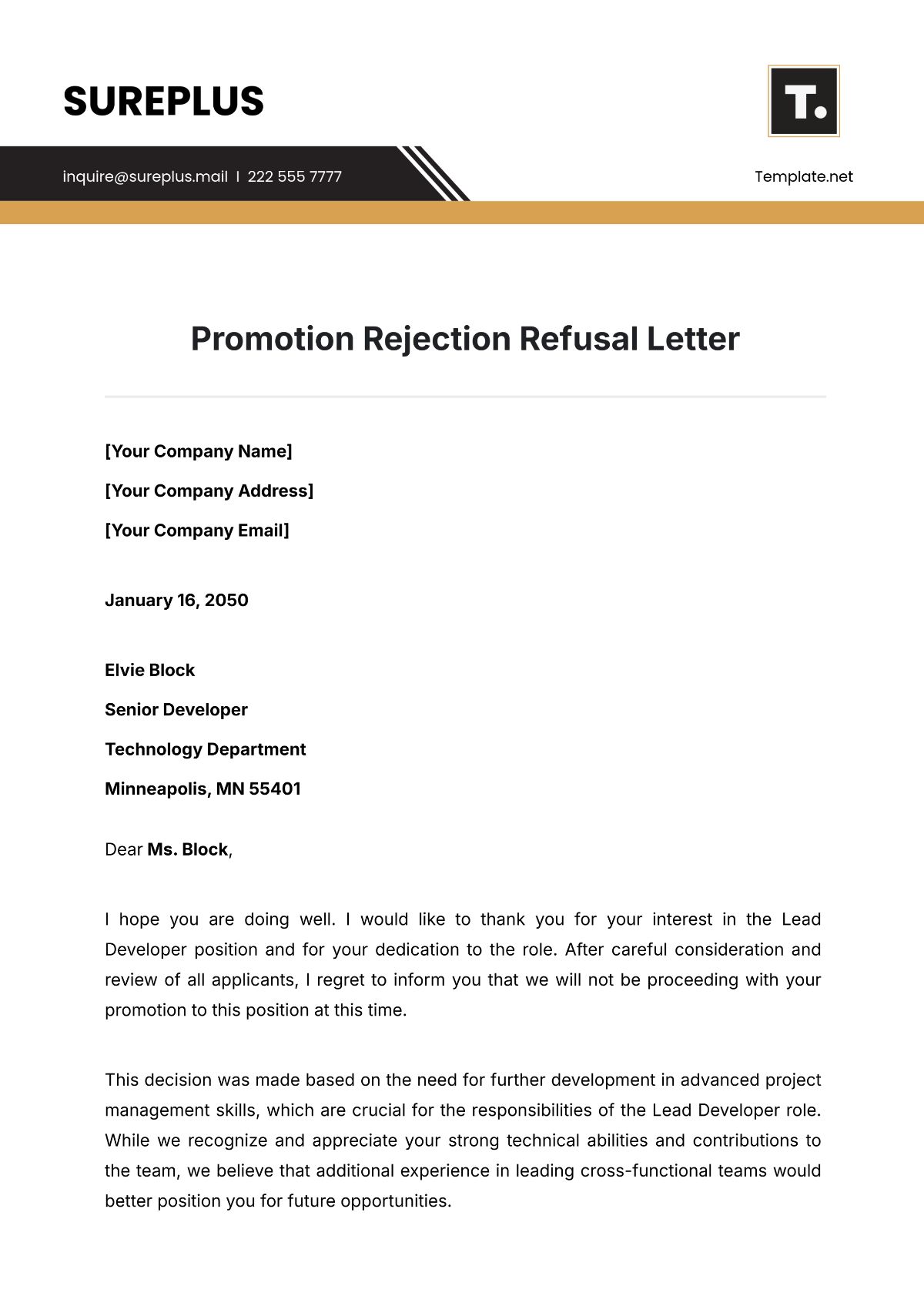 Promotion Rejection Refusal Letter Template - Edit Online & Download