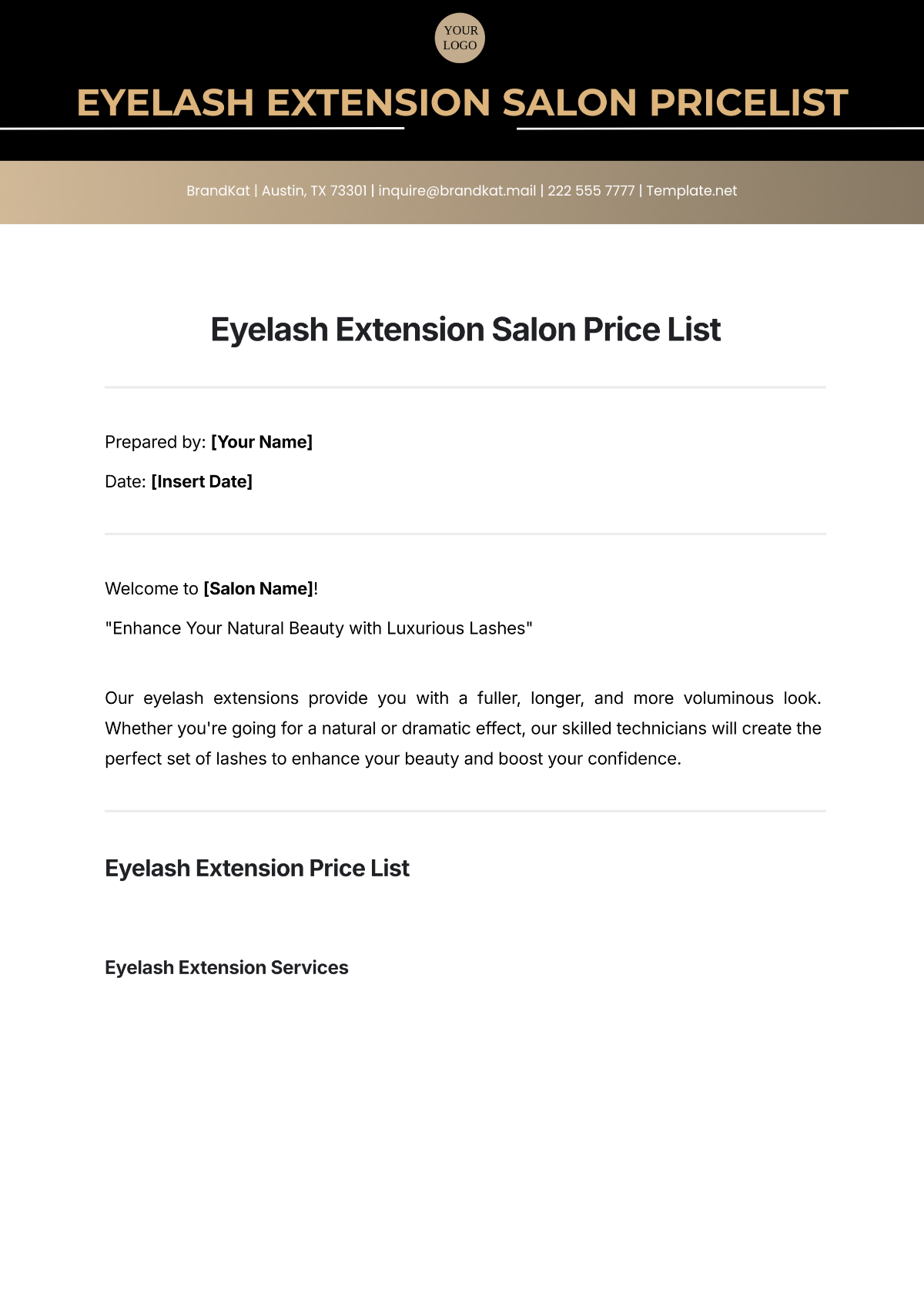 Eyelash Extension Salon Price List Template - Edit Online & Download