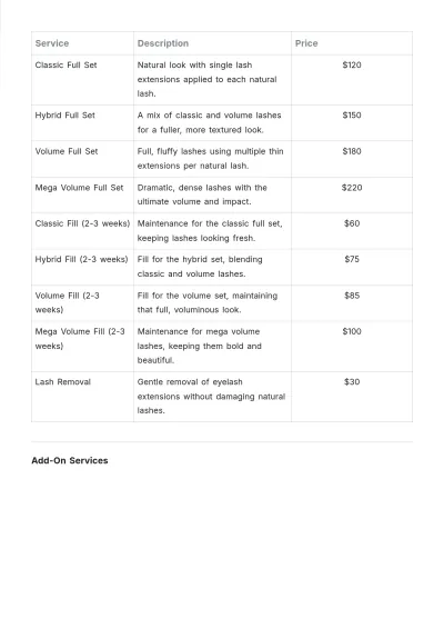 Free Eyelash Extension Salon Price List Template to Edit Online