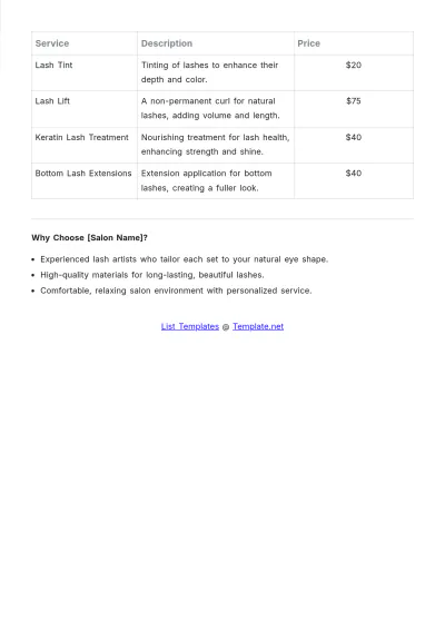 Free Eyelash Extension Salon Price List Template to Edit Online