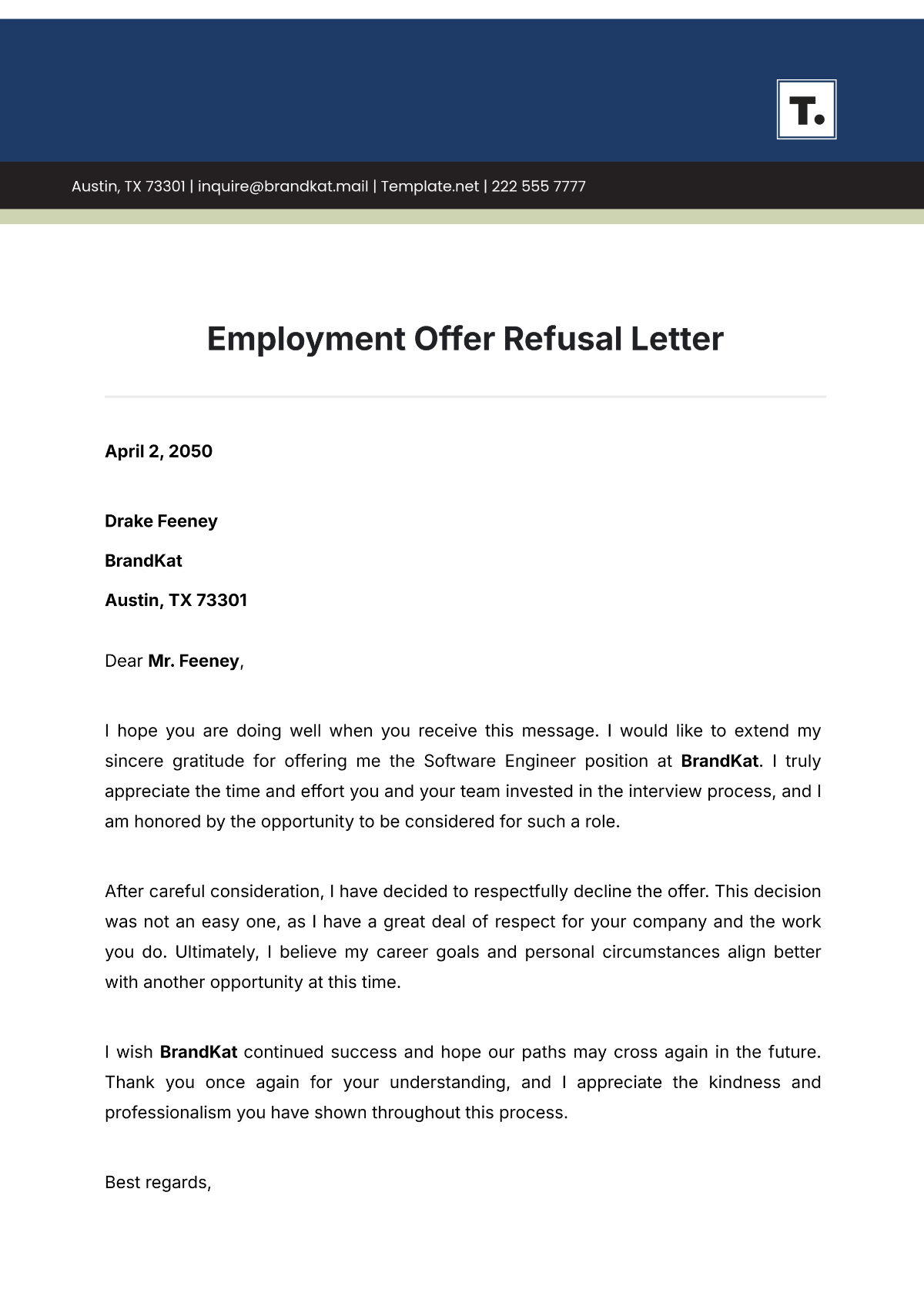 Employment Offer Refusal Letter Template - Edit Online & Download