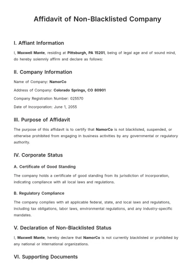 Free Affidavit of Non-Blacklisted Company Template to Edit Online