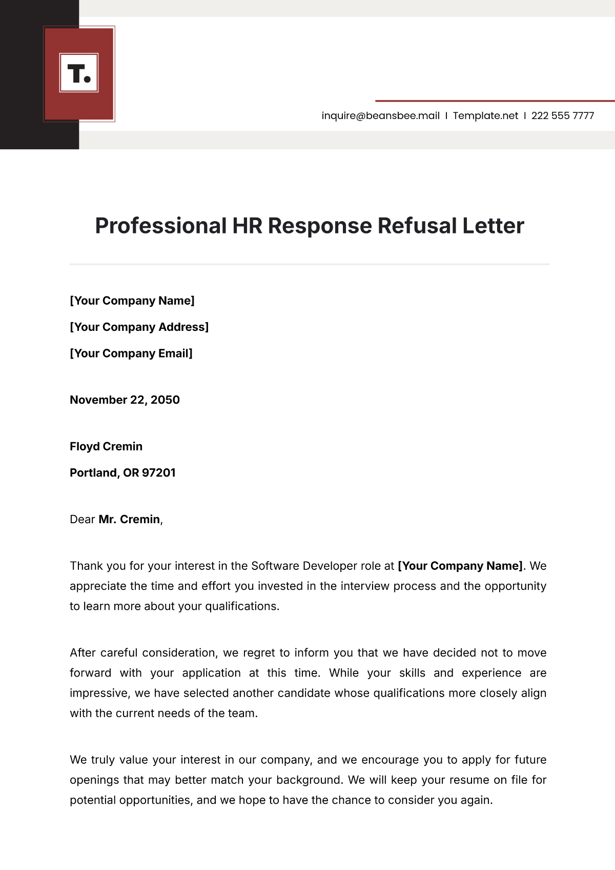 Professional HR Response Refusal Letter Template - Edit Online & Download