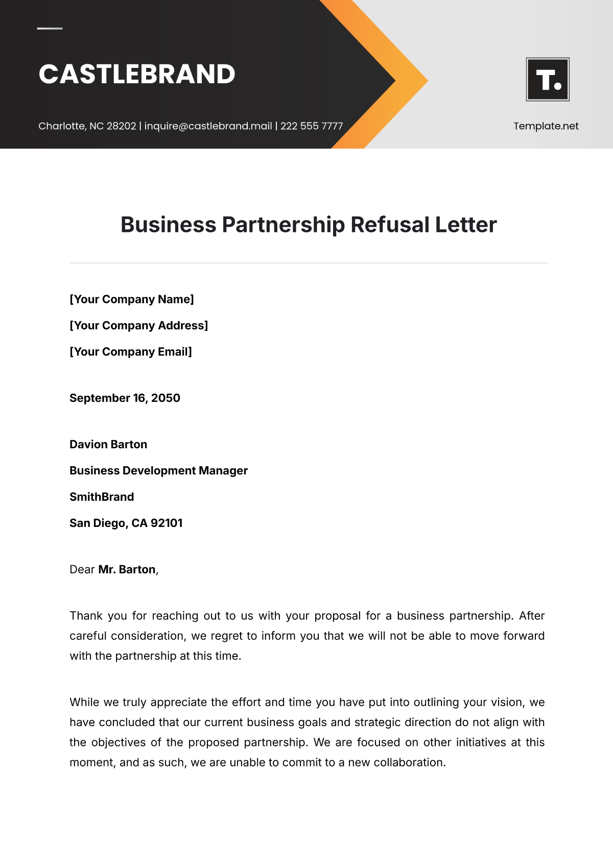 Business Partnership Refusal Letter Template - Edit Online & Download